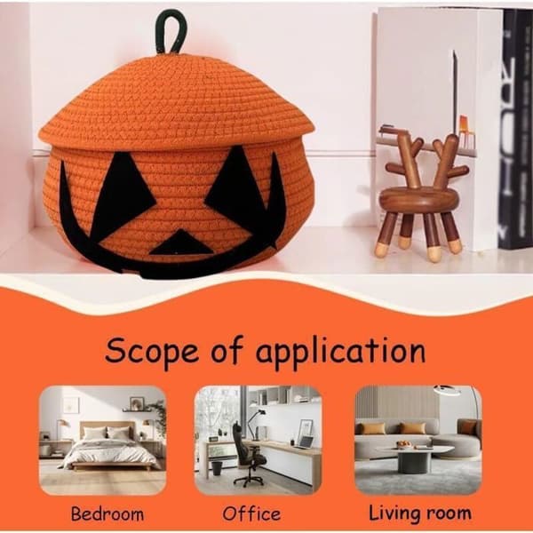 Vävd pumpakorg - Lock ingår - Slitstarkt bomullsrep - Halloween-dekoration HBCL vit XXS