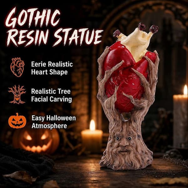 Gotisk treånd-pynt i harpiks med anatomisk hjerte for mørk fantasy-romdekor