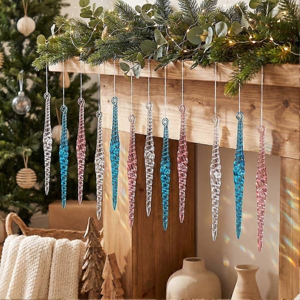 Gjennomsiktige istapp-pynt i akryl til jul med vridd spiraldesign og sølvtråd D