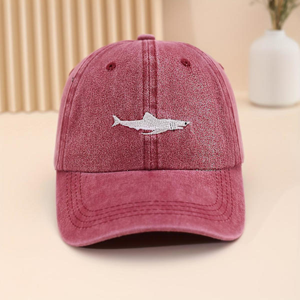 Cartoon Washed Embroidered Shark Baseball Cap Hat Peaked Cap（musta）