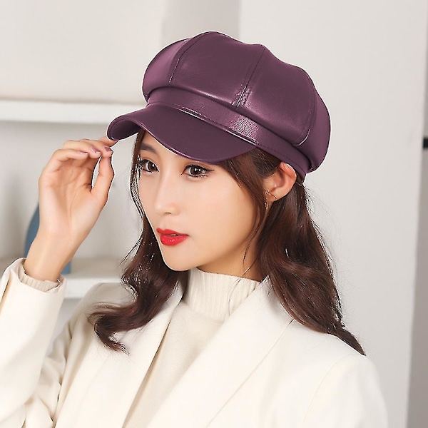 Pu Läder Cab Målarens Hatt Gatsby Ivy Beret（lila）
