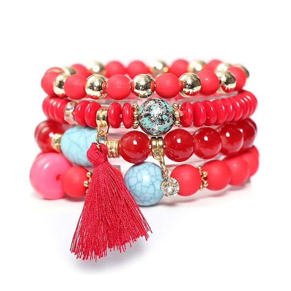 Tofs Hänge Multicolor Akryl Kristall Glas Pärlor Armband Set Smycken（Röd）