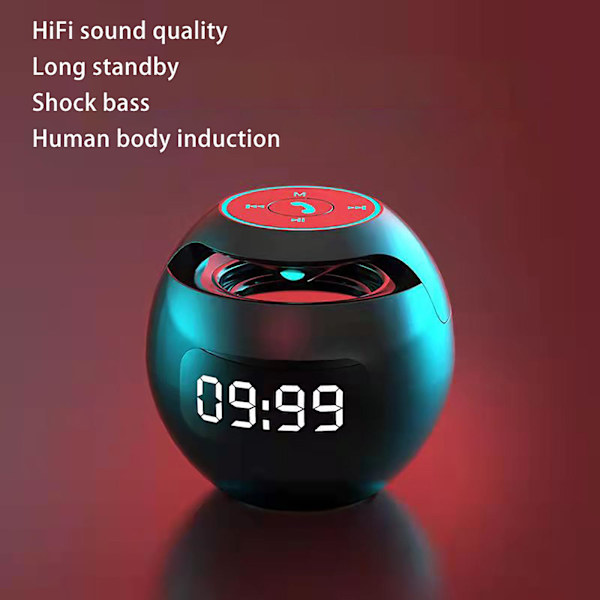 Trådlös Bluetooth-högtalare med färgglad subwoofer, LED-display, FM-radio, väckarklocka, Bluetooth Hifi-kort, MP3-musikspelare (svart)