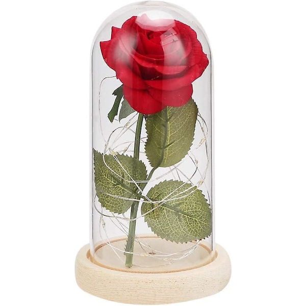 Glaskupa bevarar rosor, imitation ros glas lampskärm nattlampa med träbas