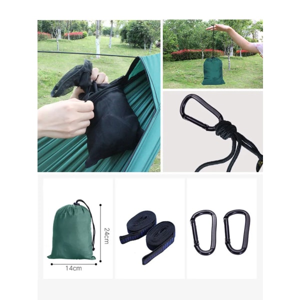 Campinghängmatta med myggnät och presenning, tältpresenning utomhus, vandring, vandring med 2 ringbandage, 2 karbinhakar svarta