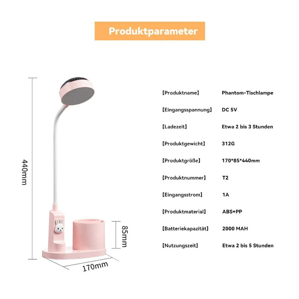 LED-pöytälamppu LED-kynätelinevalo, himmennettävä projektio säädettävä valopylväs, vaaleanpunainen