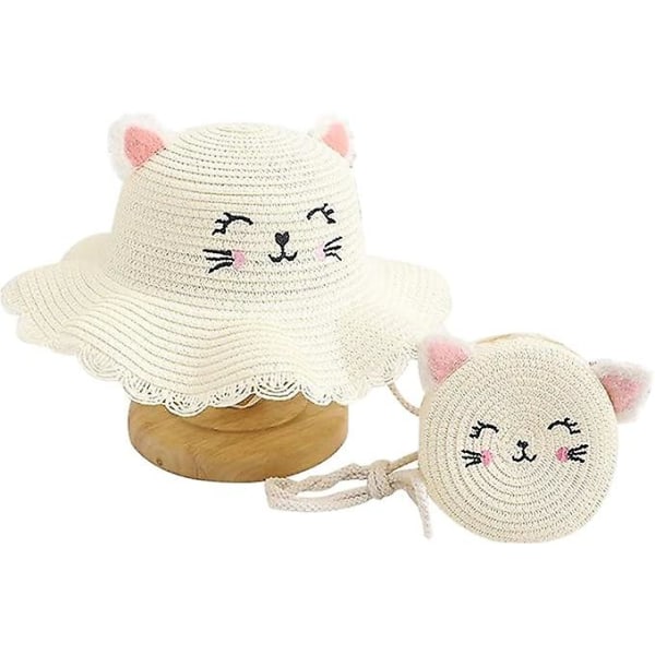 Barn Flickor Katt Straw Hat Bag Set (Vit), Blomma Söt Solhatt Straw Hat Strandsolhatt med stråväska Solskyddshatt