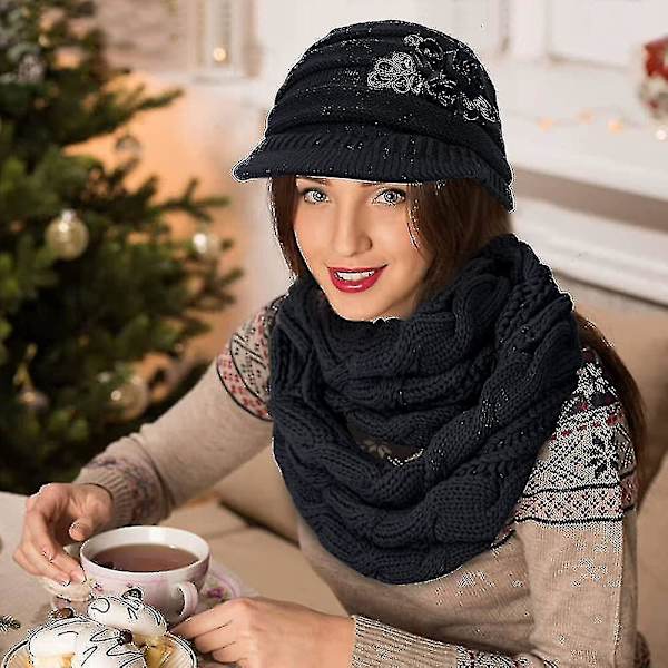 Dam Beanie Mössa Halsduk Set Vinter Varma Tjocka Stickade Slouchy Skull Cap Infinity