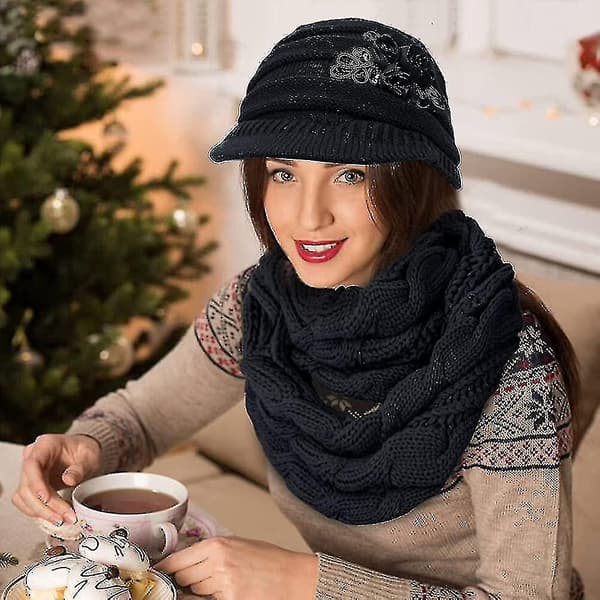 Dame Beanie Hat Halstørklæde Sæt Vinter Varm Tyk Strik Slouchy Skull Cap Infinity