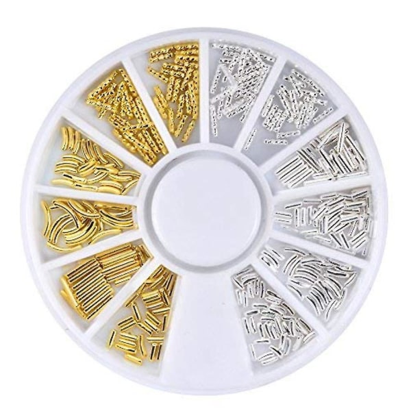 1 låda blandat guld silver metall stavar Nail Art dekorationer, 3d dubbar Nail Art Strass 12 Typ In Wheel Rak Curve Design Charm Nails Art