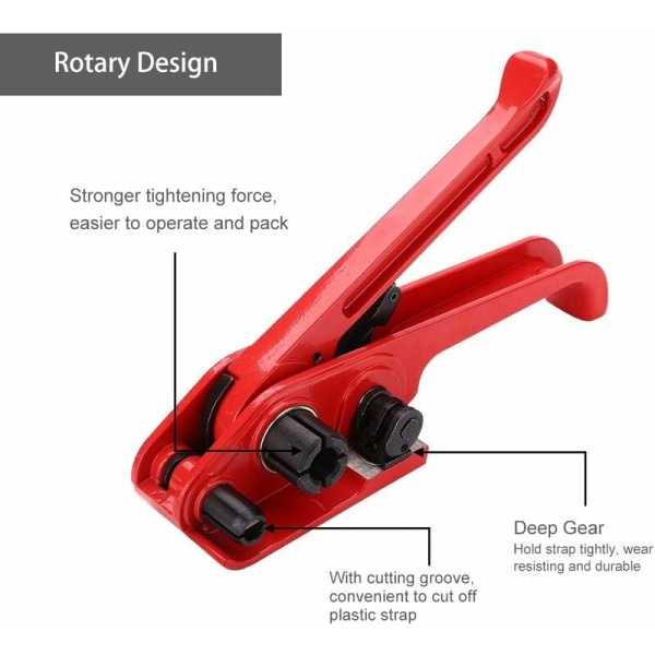 Manuell båndstrammer, båndtang, stroppemaskin, forseglingskombinasjonsverktøy, bindekutter for 16 til 19 mm PET/PP-stropp (rød)