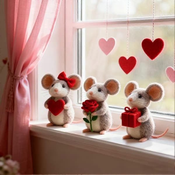 Håndlaget Valentine-mus i filt, hengende musepynt til dekorasjon E