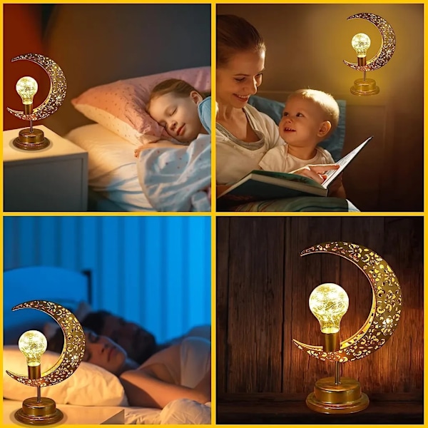 Ramadan dekorativt ljus, Eid nattlampa, batteridriven hängande bordslampa med stativ, muslimsk Mubarak Eid hängande metall LED bordslampa
