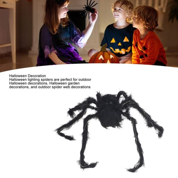 Minifinker Halloween Lysende Edderkopp Halloween Edderkoppdekorasjon, Svart Hårete Edderkopp med CR2032 Knappebatteri, 75cm x 4