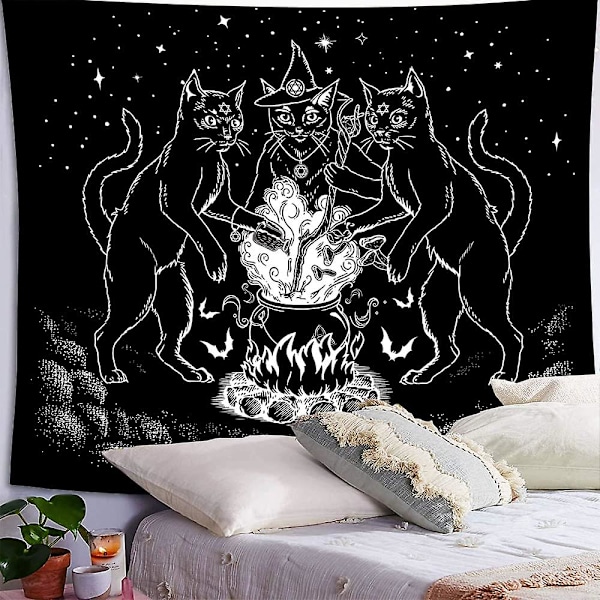 Väggdekor 200x150cm Katt Gobeläng Väggbonad Mystisk Spådom Häxkonst Baphomet Ockult Hem Svart Vägg Gobeläng För Sovrum