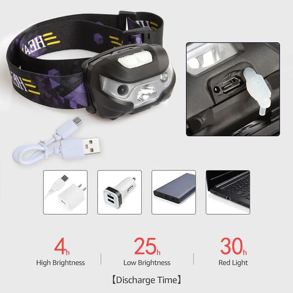 Pandelampe med 3 lystilstande, USB, IPX4, ideel til camping jogging