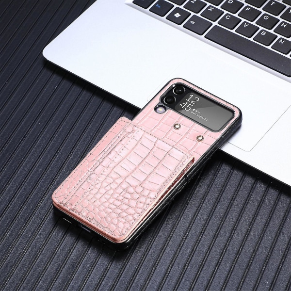 Krokodilmönster case, kompatibelt med Samsung Galaxy Z Flip 4, Pu läder case, roséguld med kortplats