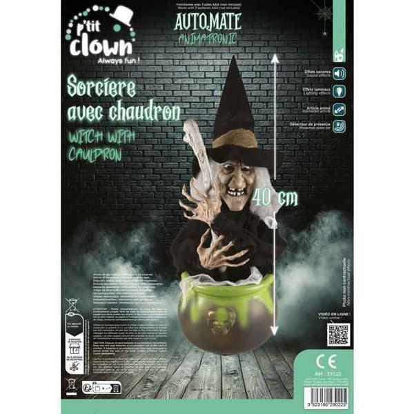 Halloween-automat – Liten klovn – Animert heks – 40 cm – Lyd og lys – Festdekorasjon