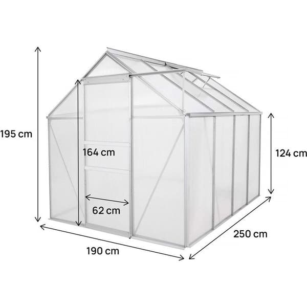 Polycarbonat drivhus 250 x 190 x 195 cm "Basilic" - 4,75 m² - Grå