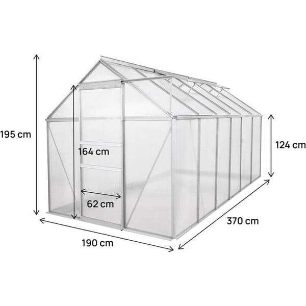 Polykarbonaatti kasvihuone 370 x 190 x 195 cm "Basilic" - 7,03 m² - Harmaa