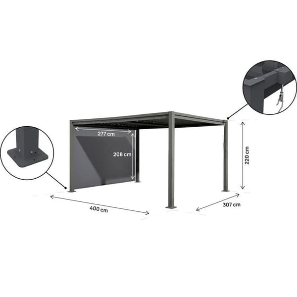 Bioklimatisk pergola med galvaniseret stålmarkise "Howard" - 3 x 4 m - Grå Grå
