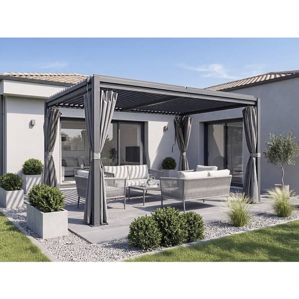 Bioklimatinen pergola verhoilla ja hyttysverkolla "Howard" - 3 x 4 m - Harmaa Grå