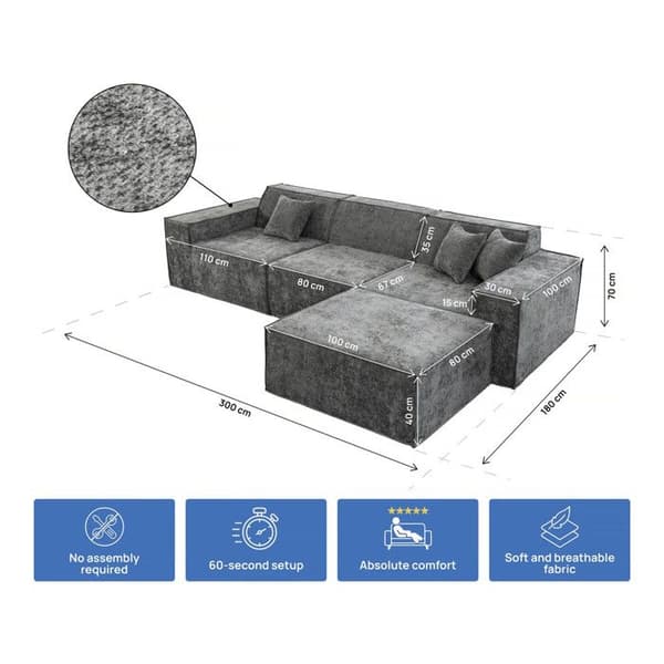 Modulær lige sofa med ottoman i tekstureret stof "Lusso" - 4 pladser - Grå Grå
