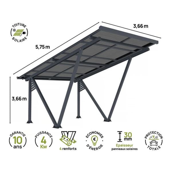 Solcarport med solpaneler - 366 x 575 x 366 cm - Grå - 4,1 kW Grå
