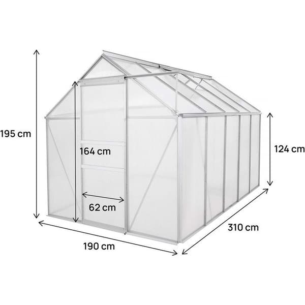 Polykarbons växthus 310 x 190 x 195 cm "Basilic" - 5,89 m² - Grå
