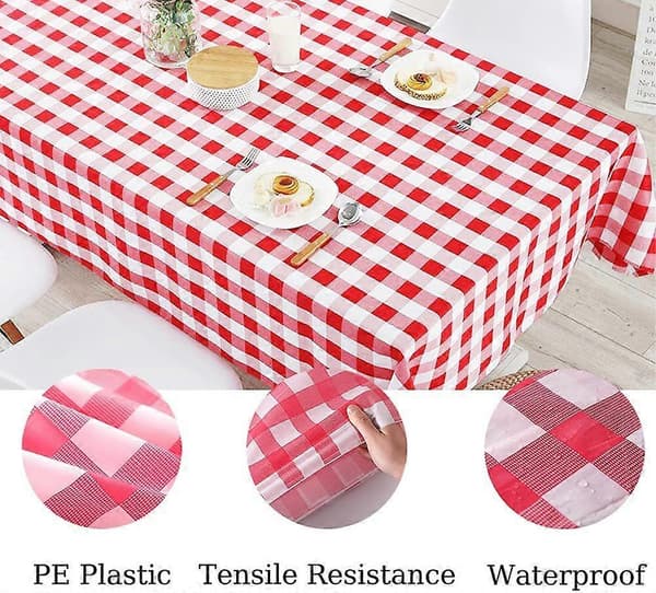Plastrutig duk | 1-pack - 54 tum bred x 108 tum lång | Röd och vit picknick engångsduk | Rektangulär ginghamduk för B