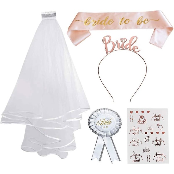 Utdrikningslag Bride To Be Sash-sett - Inkluderer ramme, pannebånd, rosettmerke og høne-tatoveringer for brudedusjdekorasjoner