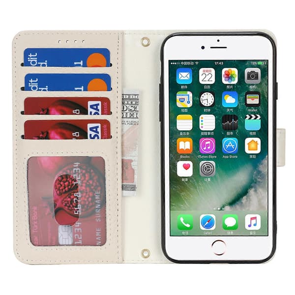 For iPhone SE (2022) (2020) 8 7 Stand Case Litchi Texture Genuine Leather Wallet Case RFID Blocking White