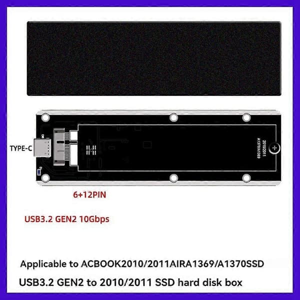 Til 2010 2011 Air A1369 A1370 SSD-kabinet USB3.2 GEN2 til 12+6Pin M.2 SATA SSD-kabinet 6Gbps M2 SSD-boks A-C-kabel