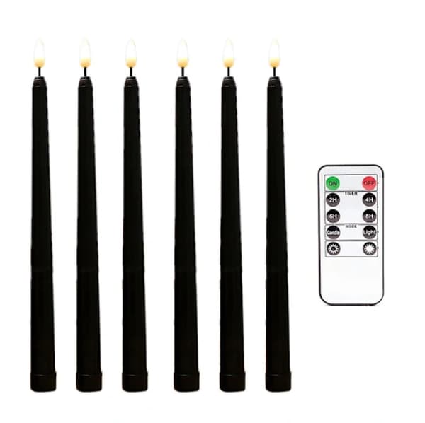 6 Pcs Flameless Black Taper Candles with Flicker, 10-Key Remote Control with Timer, Battery Operated LEDs