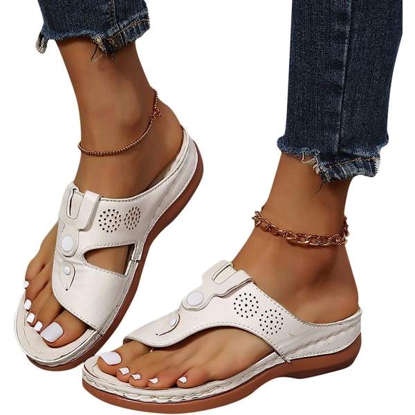 Sommerkomfortable flate bohemske flip flop-sandaler for kvinner white 36