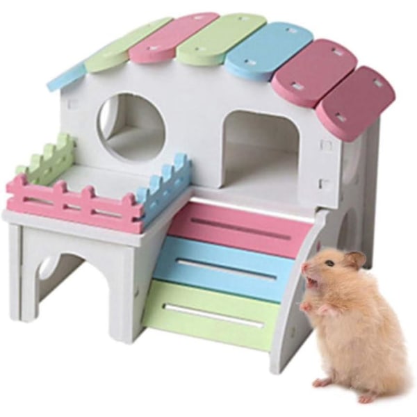 Värikäs puinen hamsterihuvila kahdella kerroksella ja PVC-talo - suuri