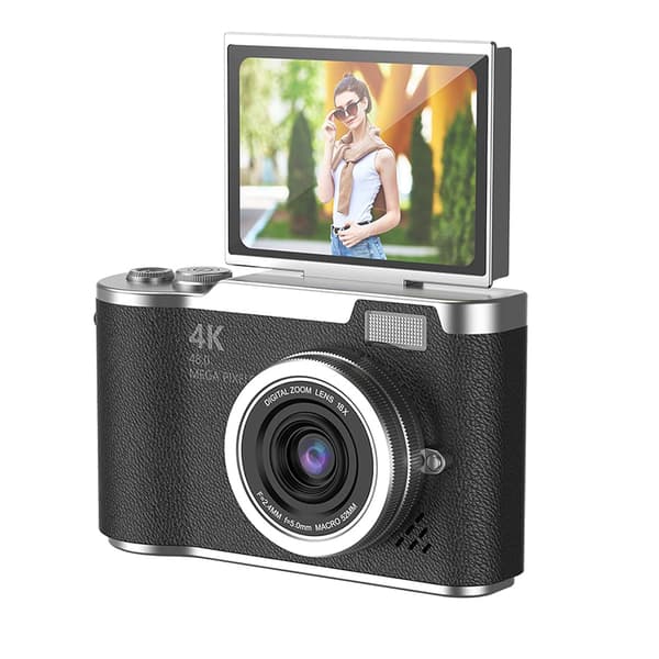 This high-resolution digital camera features a 2.4-inch high-definition rotatable screen and a built-in LED fill light, making it suitable for teenagers. Black