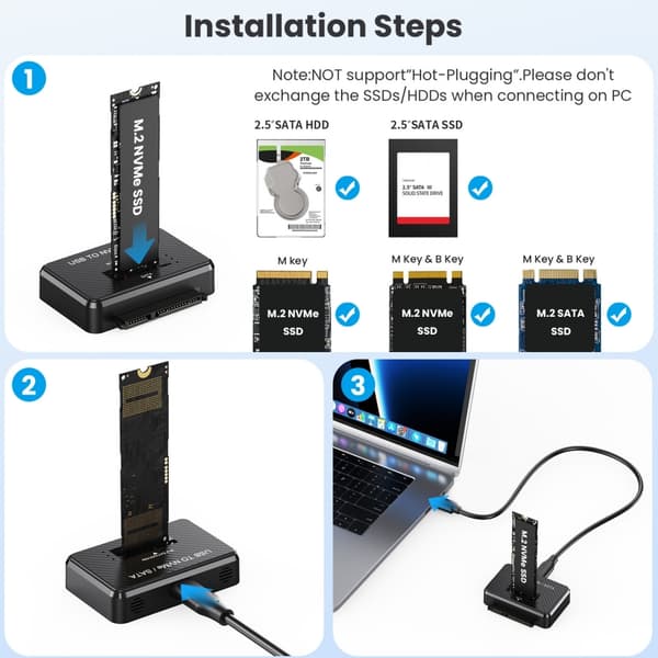 USB til NVMe/Adapter Harddiskleser Disk-omformer Strømadapter Dataoverføring, M.2 NVMe/SATA SSD-kortleser