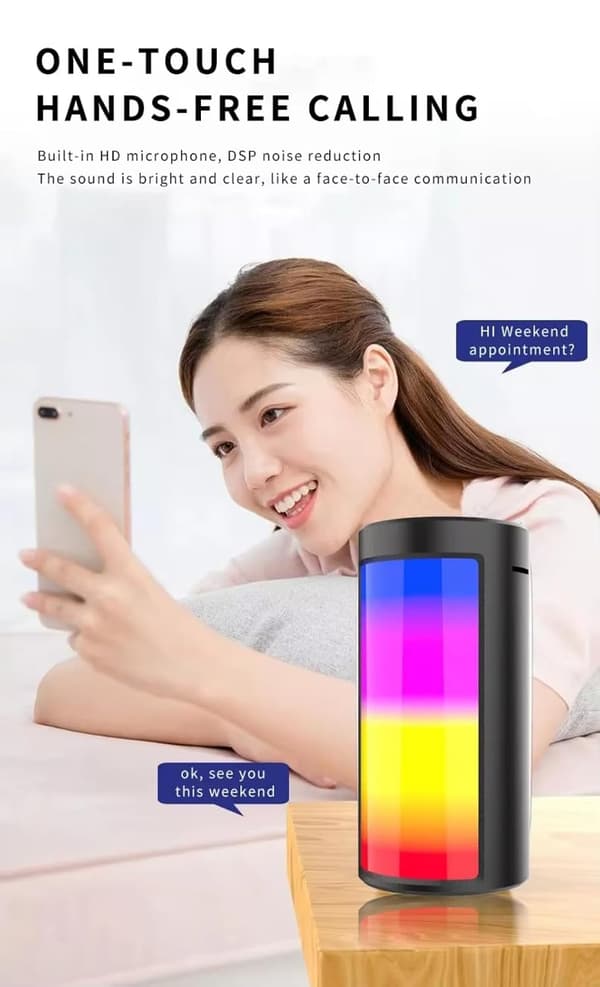 This RGB wireless Bluetooth speaker has a built-in microphone and is compatible with Android and iOS devices, USB devices, AUX input, and FM radio