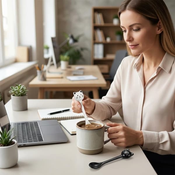 Sæt med 2 katteskefulde - teskeer og kaffeskeer i katteform til omrøring og servering, ideel til hjem og køkken (sort)