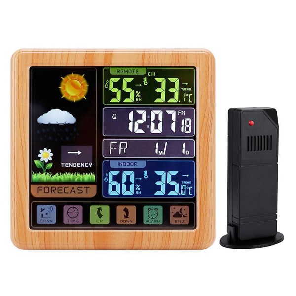 Trådlös väderstation - LCD-färgskärm, inomhuslufthygrometertermometer med utomhussensor, snooze-väckarklocka (träkorn)