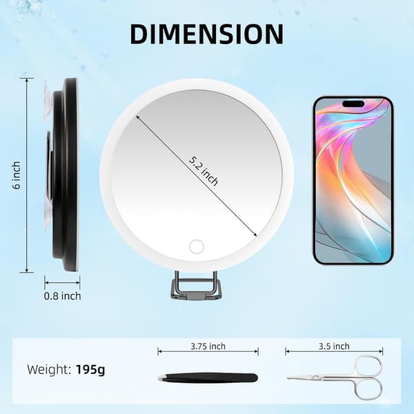30x Magnifying Glass with Light, 6-inch Makeup Magnifying Mirror with 3 Suction Cups and 360° Adjustable Stand, includes Tweezers and Scissors.