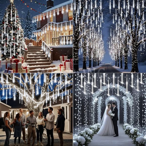 Julebelysning Utendørs Meteorregn Lys 30 cm 8 Rør 192 LED Fallende Regndråpe Istapp Snø Kaskadelys for Juletre Bryllupsfest, Hvit White