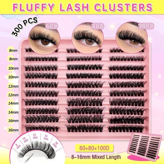 Eyelash Extensions - Cluster Lash Extension Set - False Eyelashes - 300 Fluffy Volume Lash Clusters - 8-16mm Mix - 3 Styles - 60D + 80D + 100D
