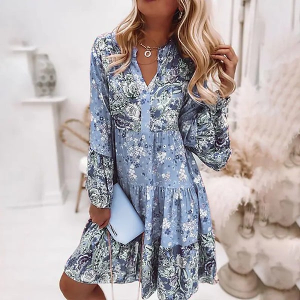 Dame Summer Long Sleeve Dresses Floral Print Beach Ini Dress Light Blue M
