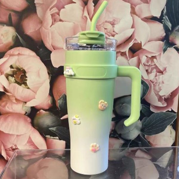 Bil Isolerad Mugg Rostfritt Stål 1250ML med Sugrör Isolerade Tumblers för Utomhusresor Gradient Grön