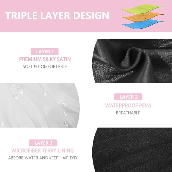 Ekstra stor trelags dusjhette for kvinner - silkeaktig sateng, mikrofiberfrotté - vanntett, gjenbrukbar og perfekt for langt hår