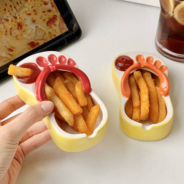 Keramisk pommes frites-fat, søte flip-flops, pommes frites-tallerken, søt keramisk bolle, flip-flops-formet snack-chips, soyasaus-serveringsfat, bolle, tallerken, rød