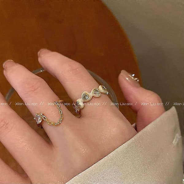 2 stk. vanndråpe zirkon edelsten kjede stablebar ring