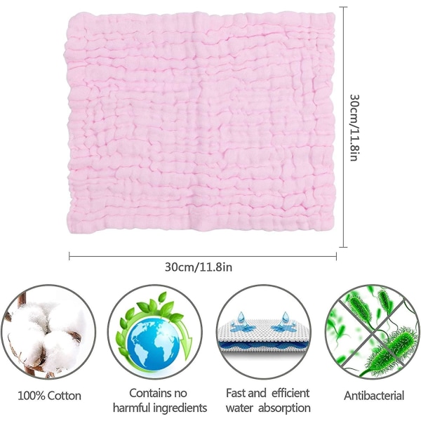 10-pak organisk bomuldsmuslin babyvaskeklude - ekstra bløde genanvendelige babyansigtshåndklæder til nyfødt hud (lyserød, 30 x 30 cm)